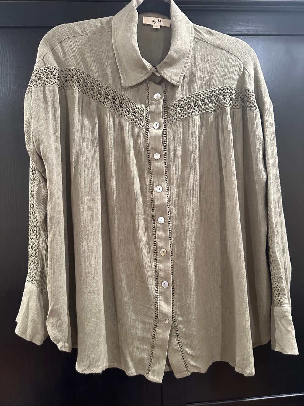 Kensie Olive Crochet-Yoke Button Front Shirt